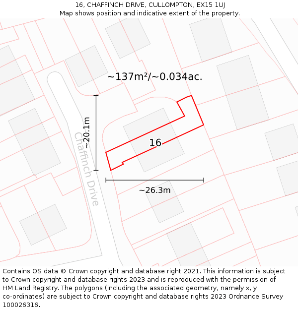 16, CHAFFINCH DRIVE, CULLOMPTON, EX15 1UJ: Plot and title map