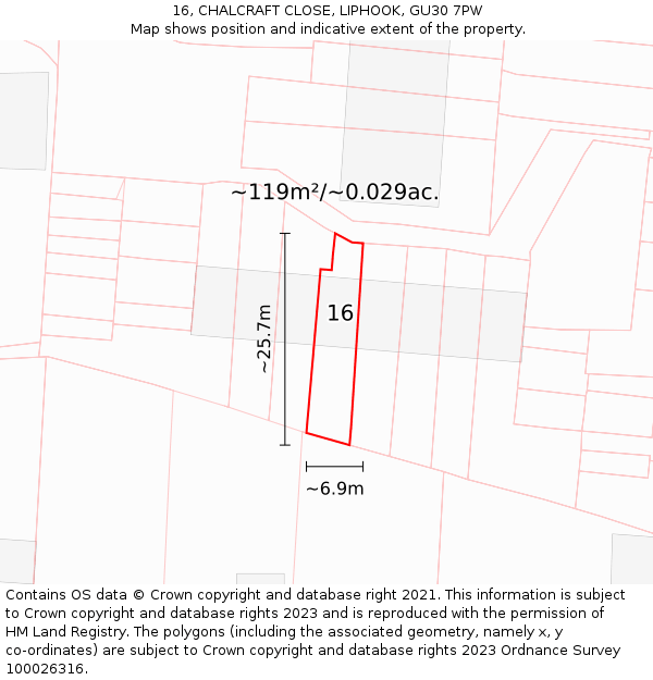 16, CHALCRAFT CLOSE, LIPHOOK, GU30 7PW: Plot and title map