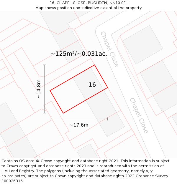16, CHAPEL CLOSE, RUSHDEN, NN10 0FH: Plot and title map