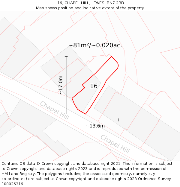 16, CHAPEL HILL, LEWES, BN7 2BB: Plot and title map
