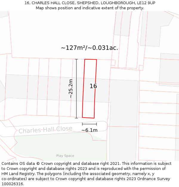 16, CHARLES HALL CLOSE, SHEPSHED, LOUGHBOROUGH, LE12 9UP: Plot and title map