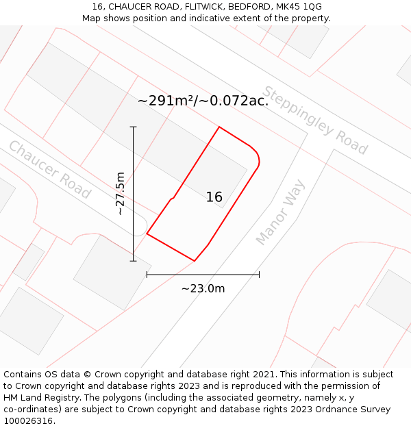 16, CHAUCER ROAD, FLITWICK, BEDFORD, MK45 1QG: Plot and title map