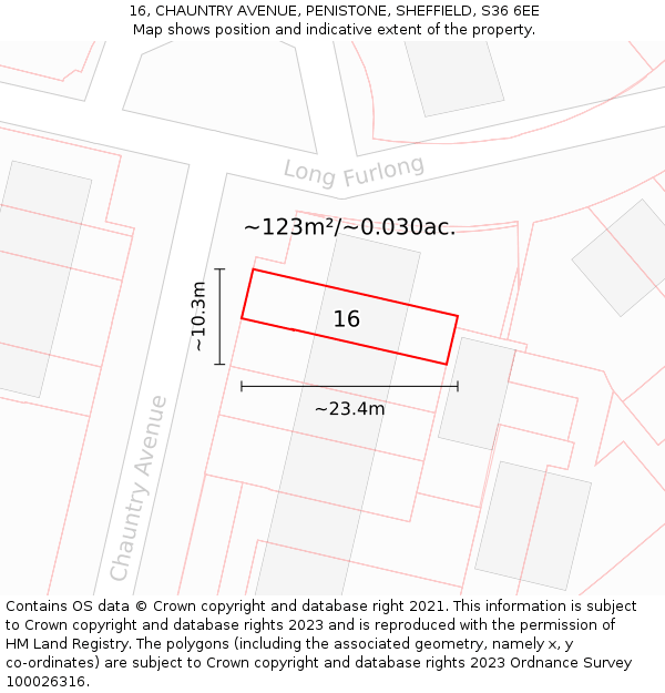 16, CHAUNTRY AVENUE, PENISTONE, SHEFFIELD, S36 6EE: Plot and title map