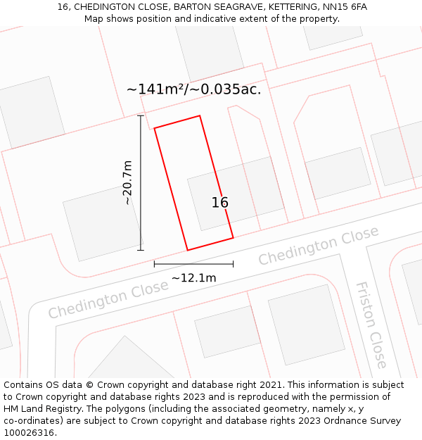 16, CHEDINGTON CLOSE, BARTON SEAGRAVE, KETTERING, NN15 6FA: Plot and title map