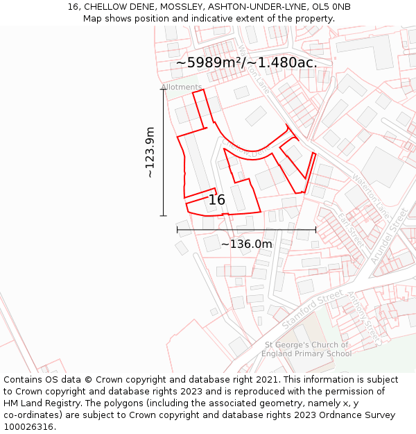 16, CHELLOW DENE, MOSSLEY, ASHTON-UNDER-LYNE, OL5 0NB: Plot and title map
