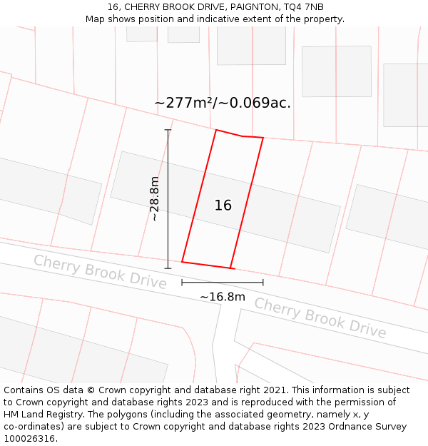 16, CHERRY BROOK DRIVE, PAIGNTON, TQ4 7NB: Plot and title map