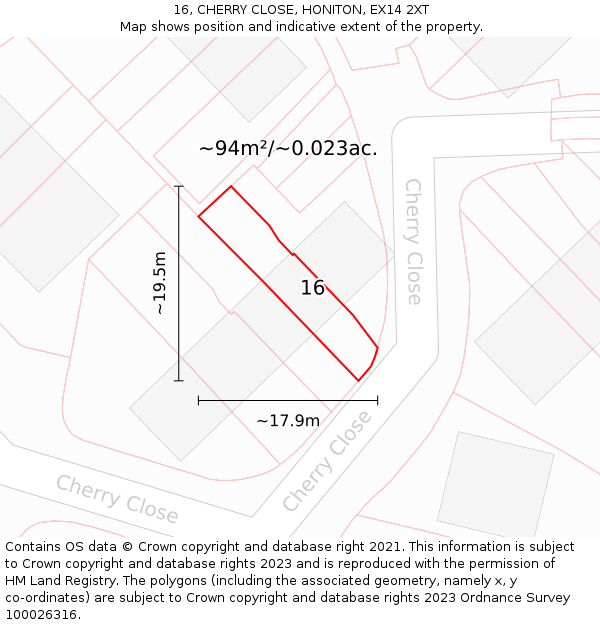 16, CHERRY CLOSE, HONITON, EX14 2XT: Plot and title map