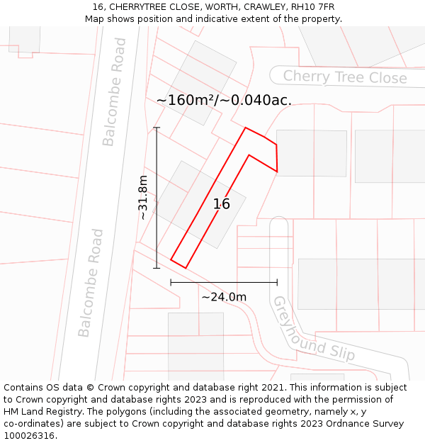 16, CHERRYTREE CLOSE, WORTH, CRAWLEY, RH10 7FR: Plot and title map