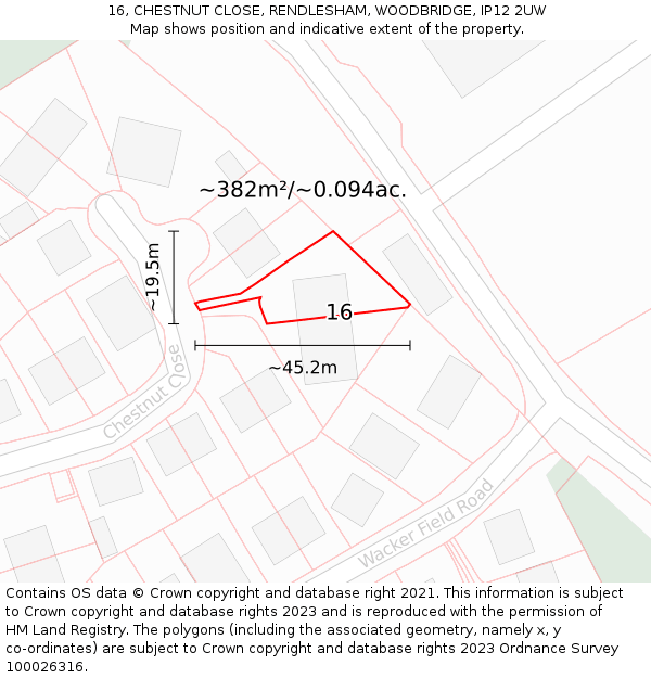 16, CHESTNUT CLOSE, RENDLESHAM, WOODBRIDGE, IP12 2UW: Plot and title map