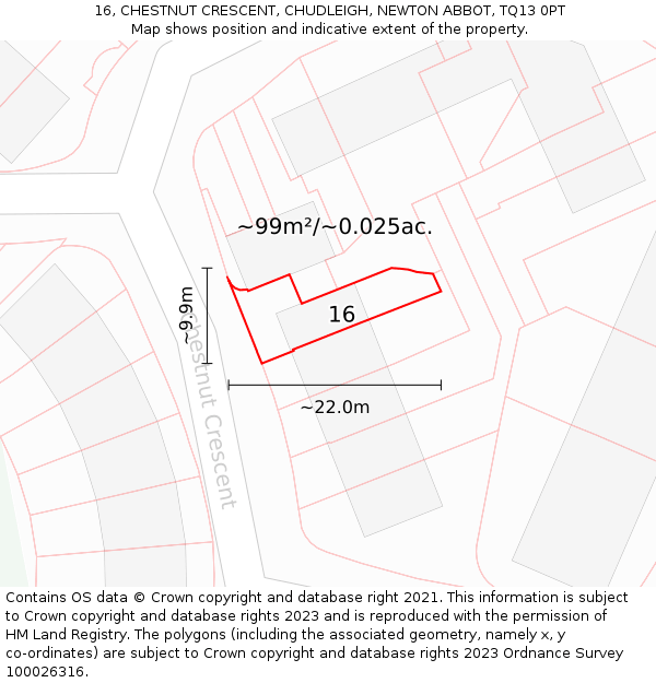 16, CHESTNUT CRESCENT, CHUDLEIGH, NEWTON ABBOT, TQ13 0PT: Plot and title map