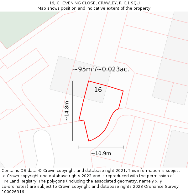 16, CHEVENING CLOSE, CRAWLEY, RH11 9QU: Plot and title map