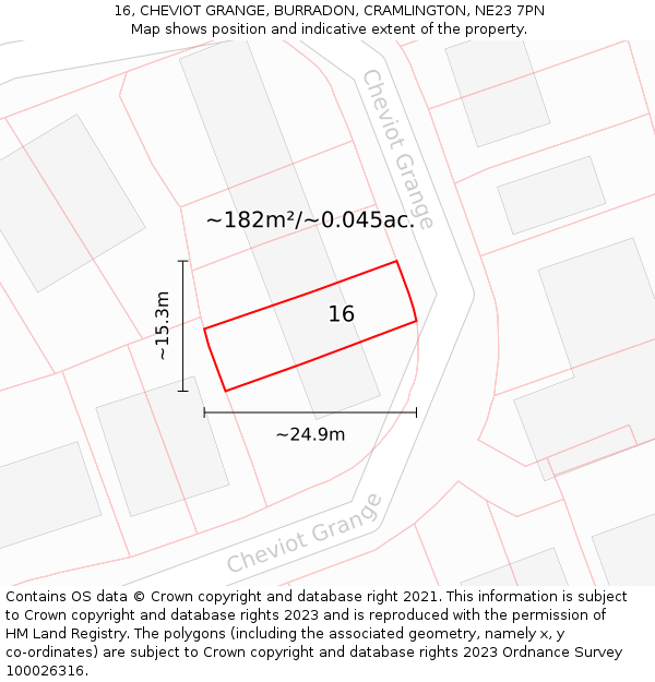 16, CHEVIOT GRANGE, BURRADON, CRAMLINGTON, NE23 7PN: Plot and title map