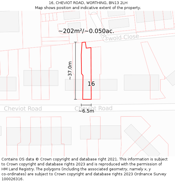 16, CHEVIOT ROAD, WORTHING, BN13 2LH: Plot and title map