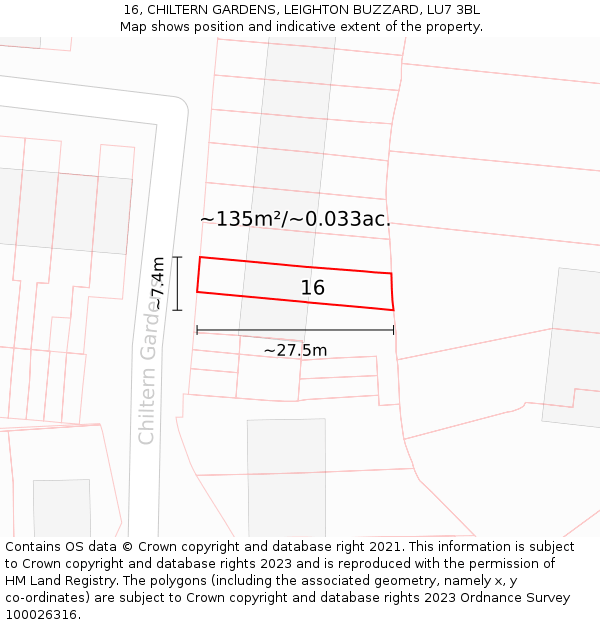 16, CHILTERN GARDENS, LEIGHTON BUZZARD, LU7 3BL: Plot and title map