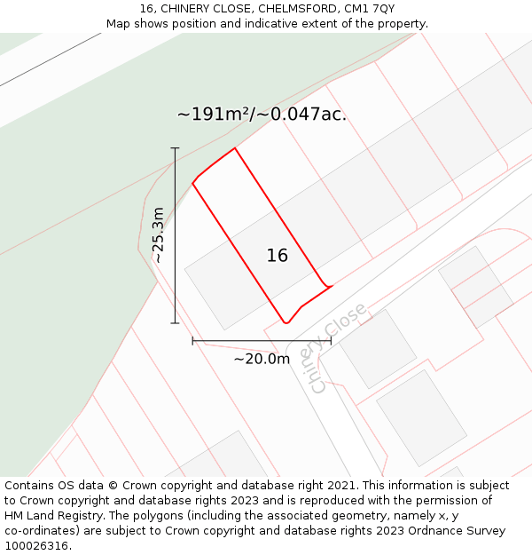 16, CHINERY CLOSE, CHELMSFORD, CM1 7QY: Plot and title map