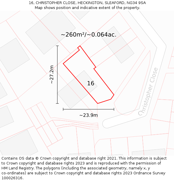 16, CHRISTOPHER CLOSE, HECKINGTON, SLEAFORD, NG34 9SA: Plot and title map