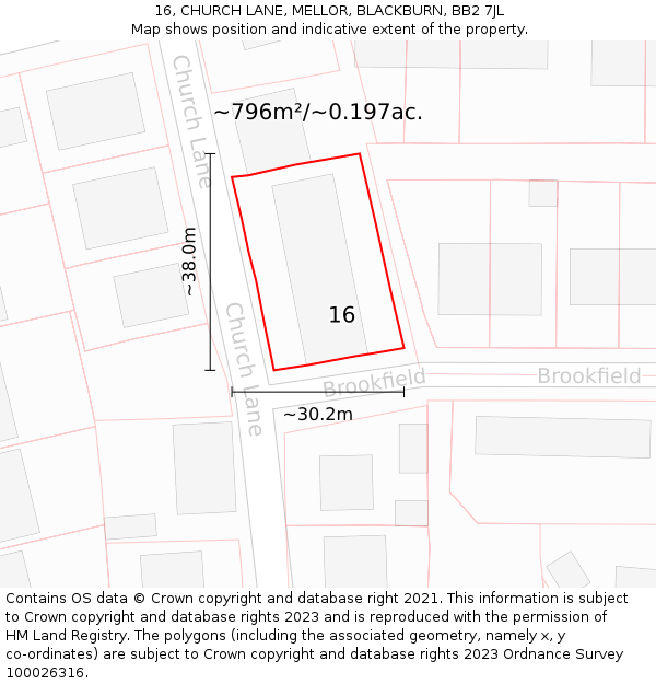 16, CHURCH LANE, MELLOR, BLACKBURN, BB2 7JL: Plot and title map