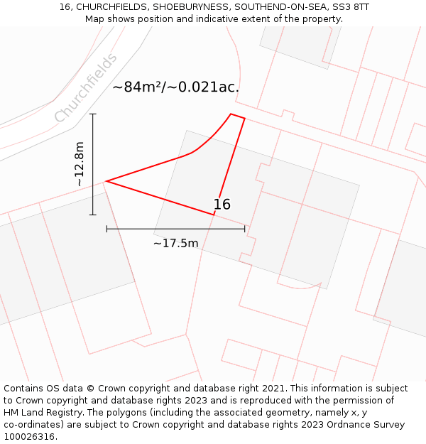 16, CHURCHFIELDS, SHOEBURYNESS, SOUTHEND-ON-SEA, SS3 8TT: Plot and title map