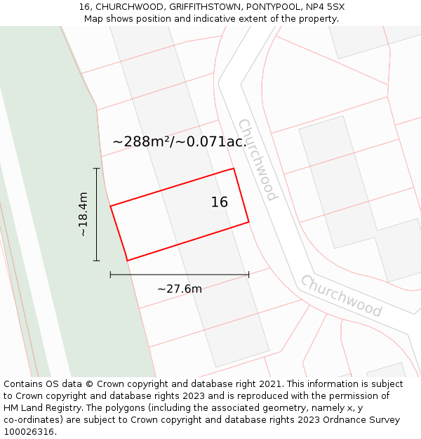 16, CHURCHWOOD, GRIFFITHSTOWN, PONTYPOOL, NP4 5SX: Plot and title map