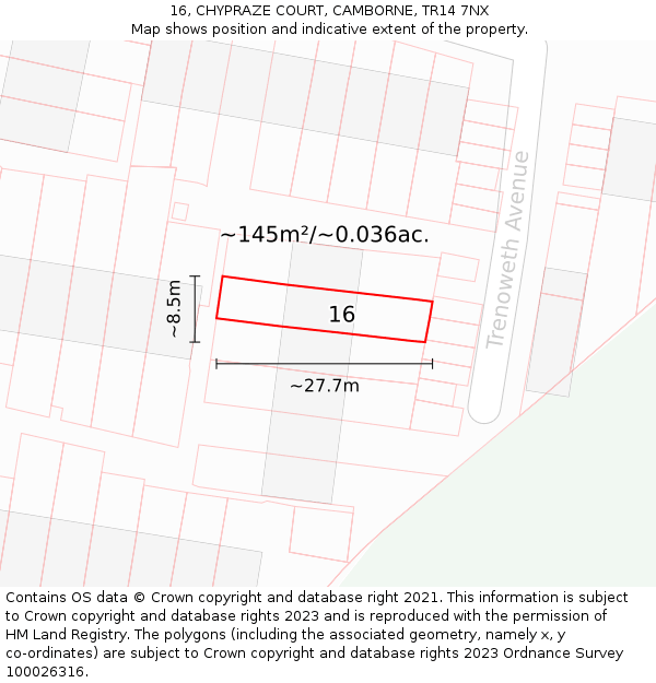 16, CHYPRAZE COURT, CAMBORNE, TR14 7NX: Plot and title map