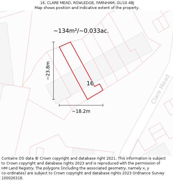16, CLARE MEAD, ROWLEDGE, FARNHAM, GU10 4BJ: Plot and title map