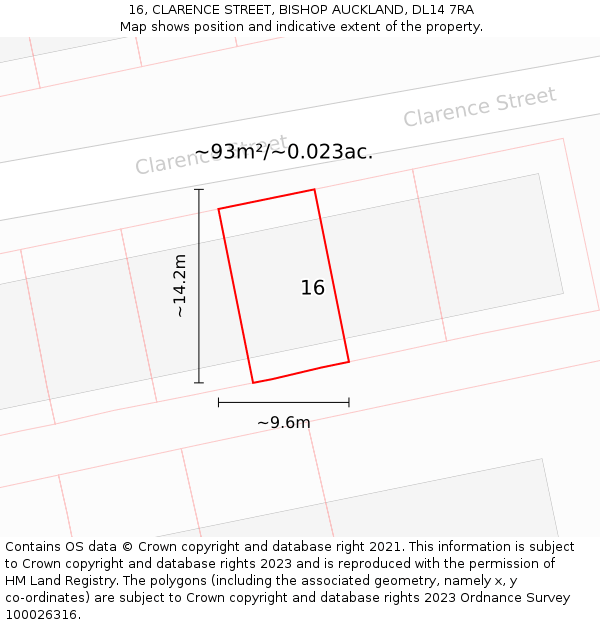 16, CLARENCE STREET, BISHOP AUCKLAND, DL14 7RA: Plot and title map