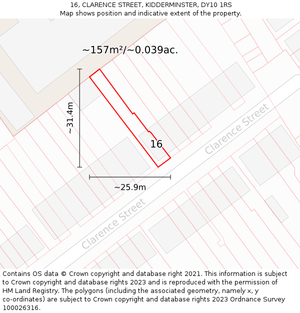 16, CLARENCE STREET, KIDDERMINSTER, DY10 1RS: Plot and title map