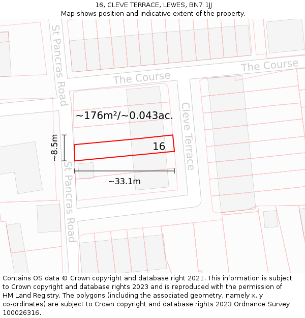 16, CLEVE TERRACE, LEWES, BN7 1JJ: Plot and title map