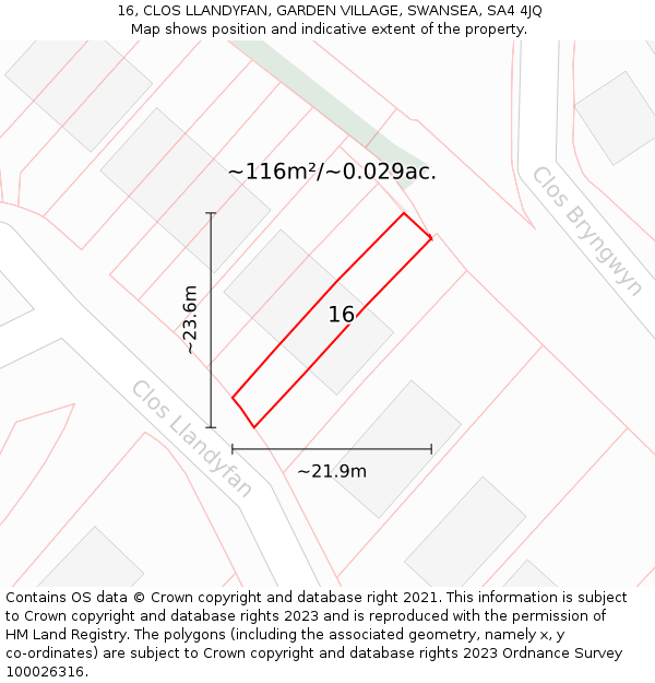 16, CLOS LLANDYFAN, GARDEN VILLAGE, SWANSEA, SA4 4JQ: Plot and title map