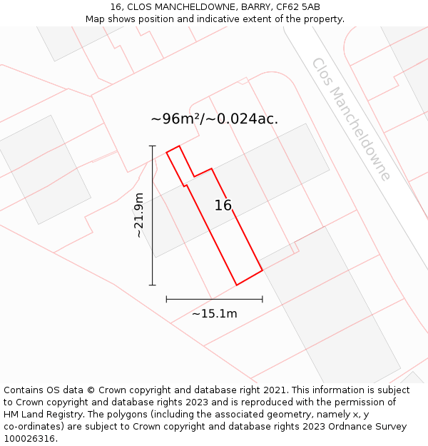 16, CLOS MANCHELDOWNE, BARRY, CF62 5AB: Plot and title map