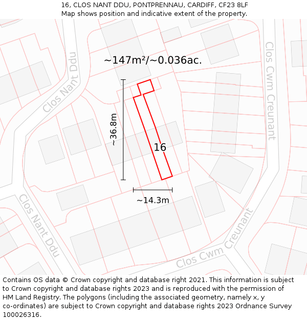 16, CLOS NANT DDU, PONTPRENNAU, CARDIFF, CF23 8LF: Plot and title map