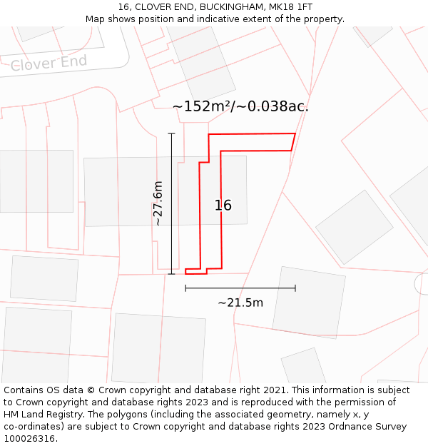 16, CLOVER END, BUCKINGHAM, MK18 1FT: Plot and title map