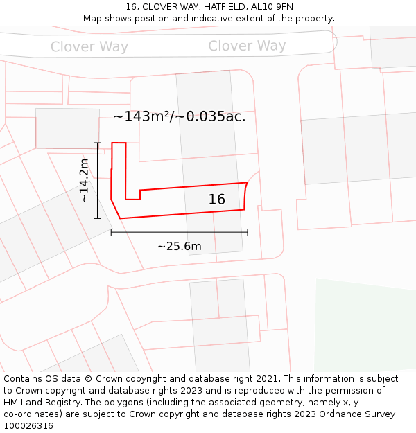 16, CLOVER WAY, HATFIELD, AL10 9FN: Plot and title map