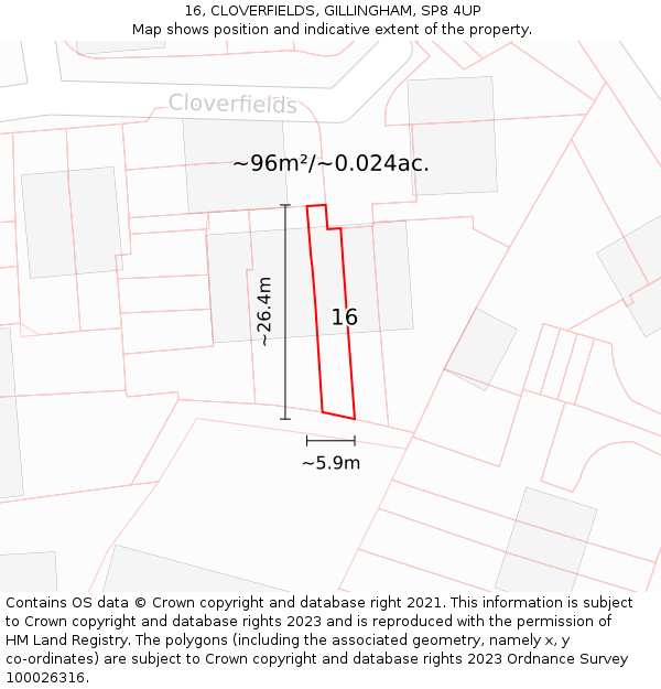 16, CLOVERFIELDS, GILLINGHAM, SP8 4UP: Plot and title map