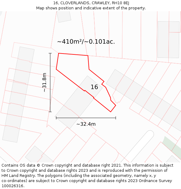 16, CLOVERLANDS, CRAWLEY, RH10 8EJ: Plot and title map