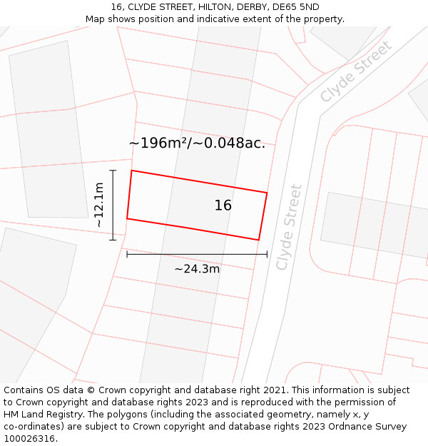 16, CLYDE STREET, HILTON, DERBY, DE65 5ND: Plot and title map