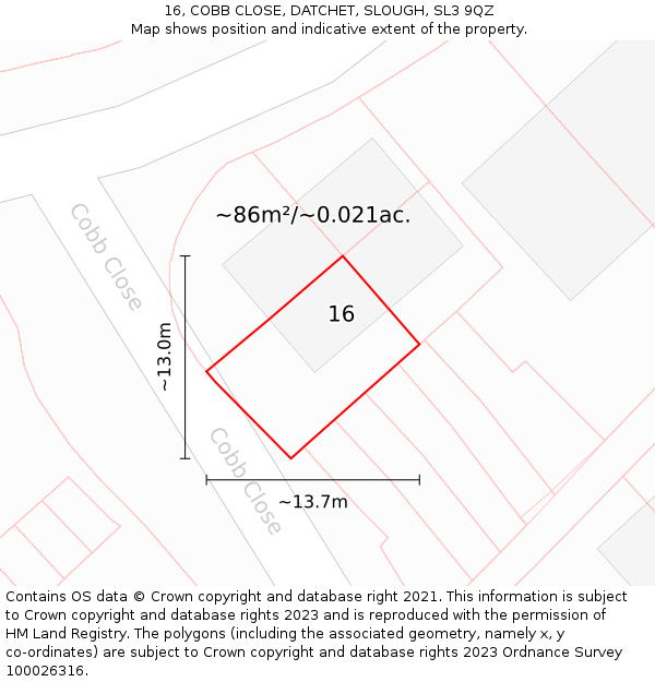 16, COBB CLOSE, DATCHET, SLOUGH, SL3 9QZ: Plot and title map
