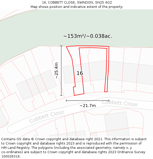 16, COBBETT CLOSE, SWINDON, SN25 4GZ: Plot and title map