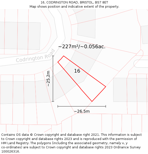 16, CODRINGTON ROAD, BRISTOL, BS7 8ET: Plot and title map