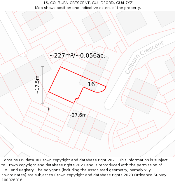 16, COLBURN CRESCENT, GUILDFORD, GU4 7YZ: Plot and title map