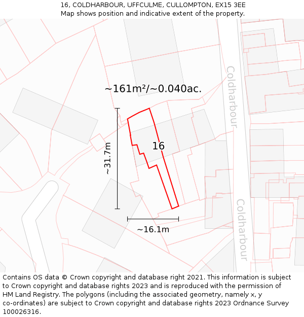 16, COLDHARBOUR, UFFCULME, CULLOMPTON, EX15 3EE: Plot and title map