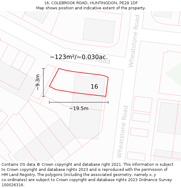16, COLEBROOK ROAD, HUNTINGDON, PE29 1DF: Plot and title map