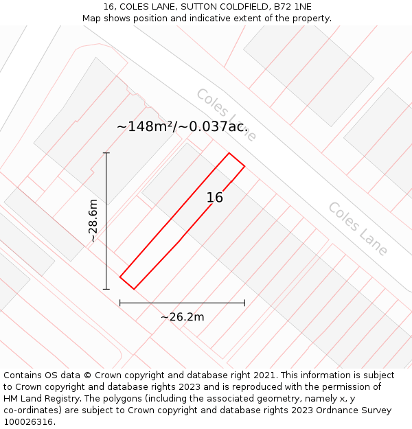 16, COLES LANE, SUTTON COLDFIELD, B72 1NE: Plot and title map