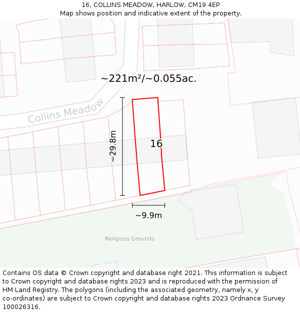 16, COLLINS MEADOW, HARLOW, CM19 4EP: Plot and title map