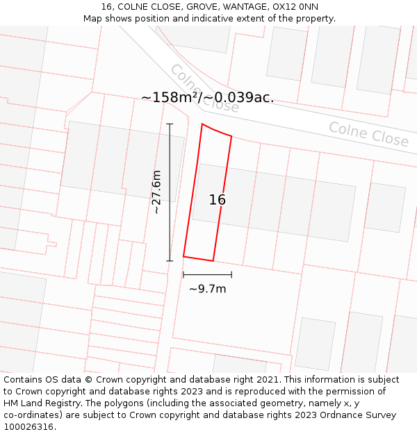 16, COLNE CLOSE, GROVE, WANTAGE, OX12 0NN: Plot and title map