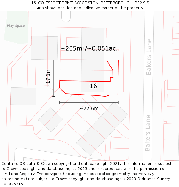 16, COLTSFOOT DRIVE, WOODSTON, PETERBOROUGH, PE2 9JS: Plot and title map