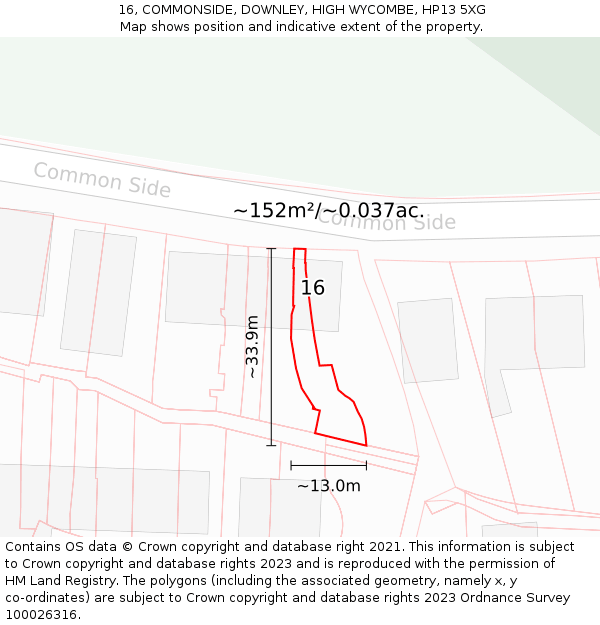 16, COMMONSIDE, DOWNLEY, HIGH WYCOMBE, HP13 5XG: Plot and title map