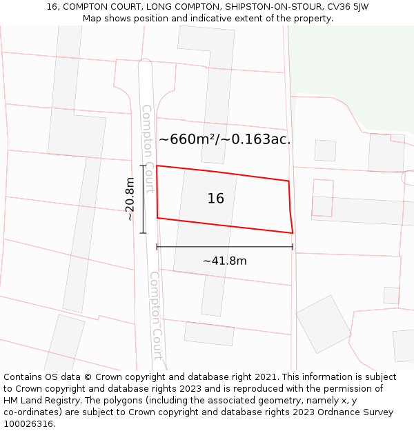 16, COMPTON COURT, LONG COMPTON, SHIPSTON-ON-STOUR, CV36 5JW: Plot and title map