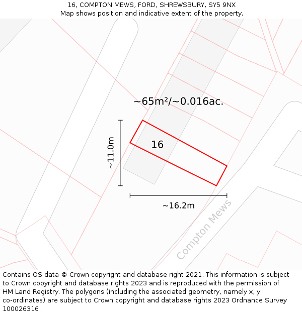 16, COMPTON MEWS, FORD, SHREWSBURY, SY5 9NX: Plot and title map