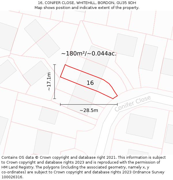 16, CONIFER CLOSE, WHITEHILL, BORDON, GU35 9DH: Plot and title map